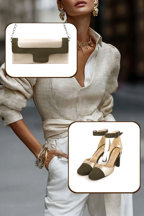 Dress heels closed-back ankle strap in khaki green and gold leather with kitten heels and round toe - Worn view